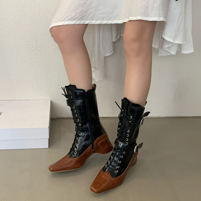 Aiertu    -  Yellow Cowboy Boots Women Lace Up Belt Buckle Block Heels Mid-calf Western Boots Autumn Vintage Designer Shoes Black Botas Mujer Aiertu