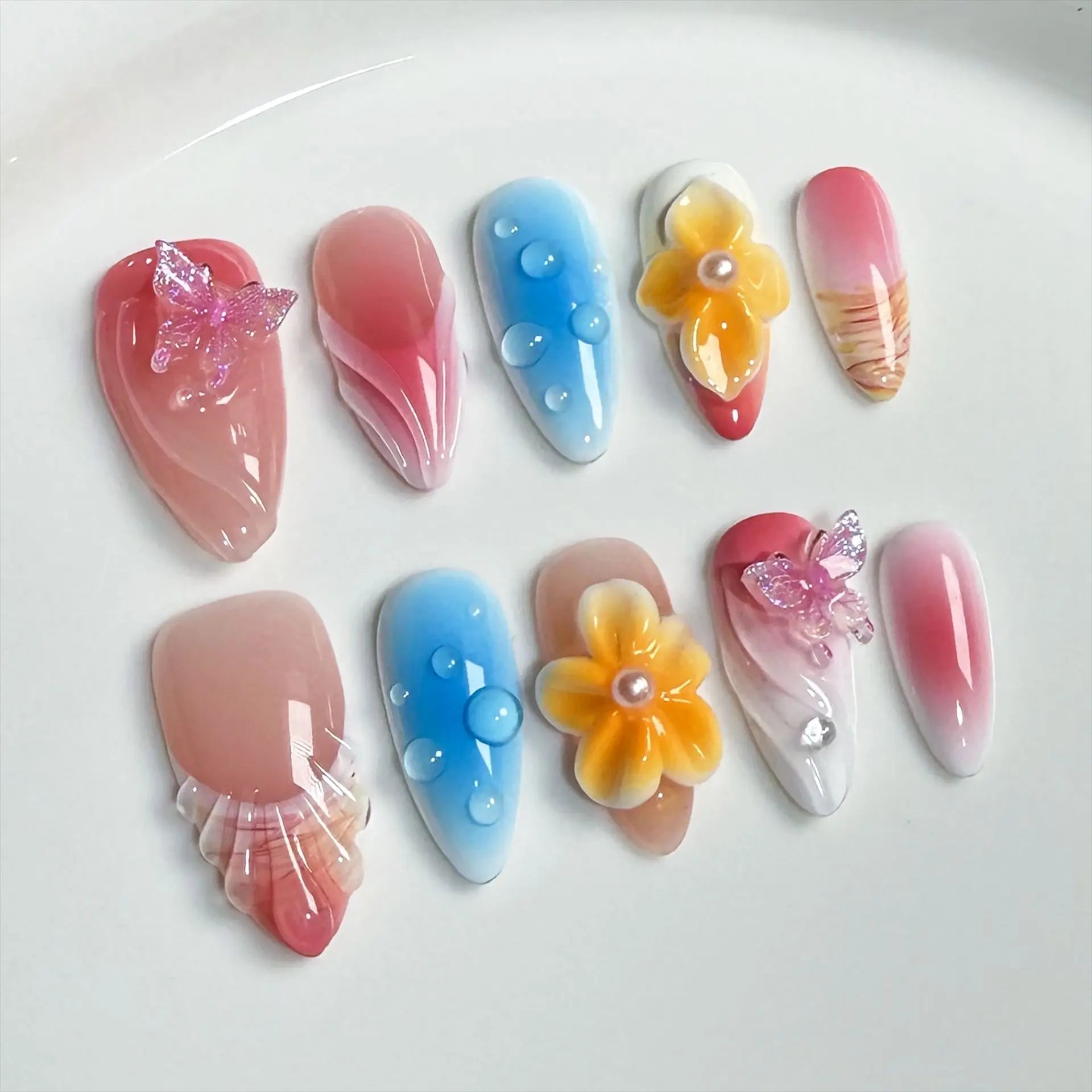 Aiertu  -  10pcs Almond Handmade False Nail Art Butterfly Flower Design Press on Fake Nails Tips Wearable French Colorful Mid-length Nails Aiertu