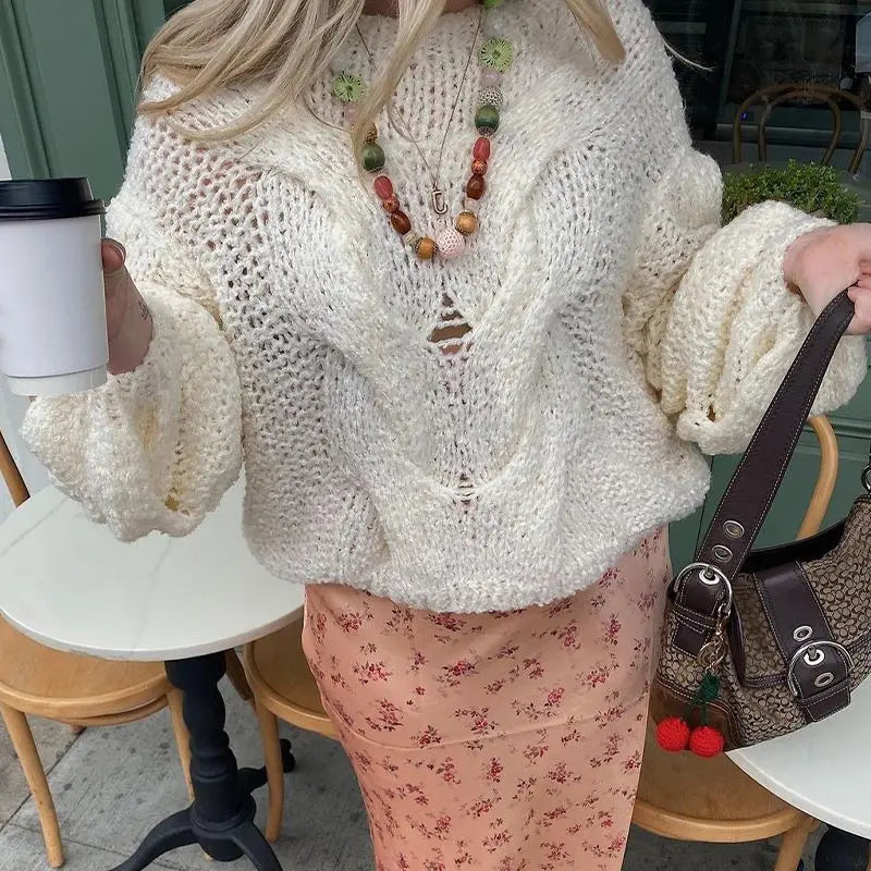 Aiertu  -  Autumn Winter Fashion Twist Knitted Sweaters Tops Hollow Out Round Neck Long Sleeve Top Y2K Outfits Streetwear Aiertu
