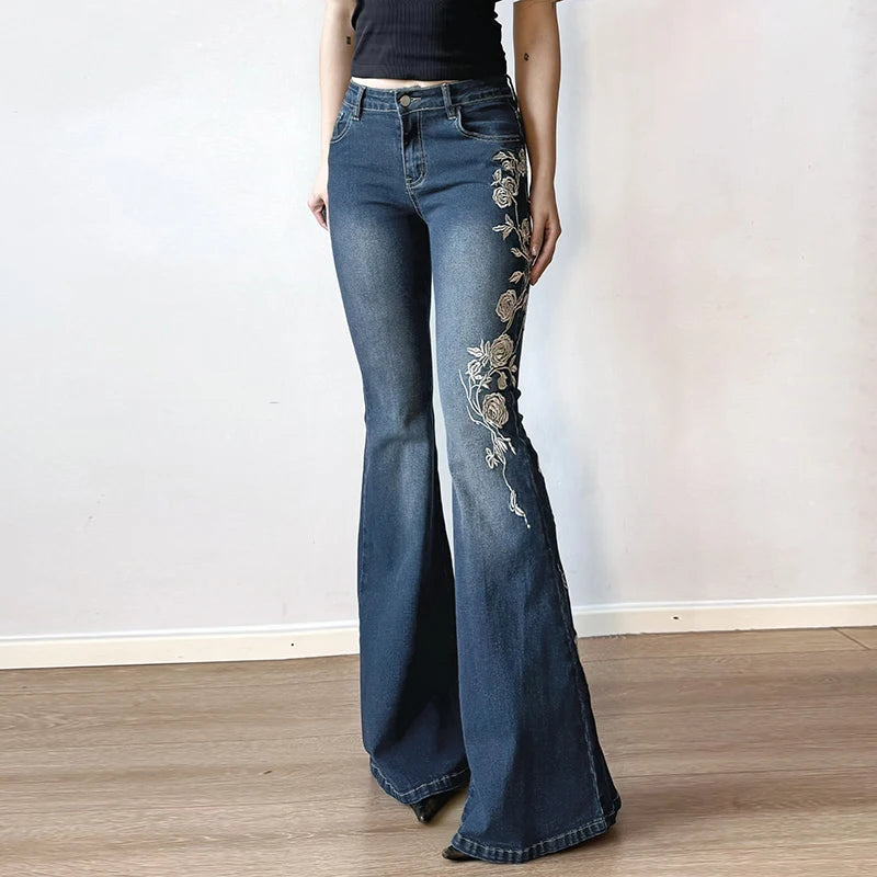 Aiertu  -   Y2K Rose Embroidered Trumpet Jeans Women Fashion Aesthetic Slim Flare Pants Vintage Blue 2000s Denim Trousers Spring Aiertu