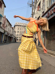 Aiertu  -  Y2k Yellow Checkered Midi Skirt for Women A-line High Waist Pleated Skirt Design Aesthetics Retro Plaid Short Dress Chic Aiertu