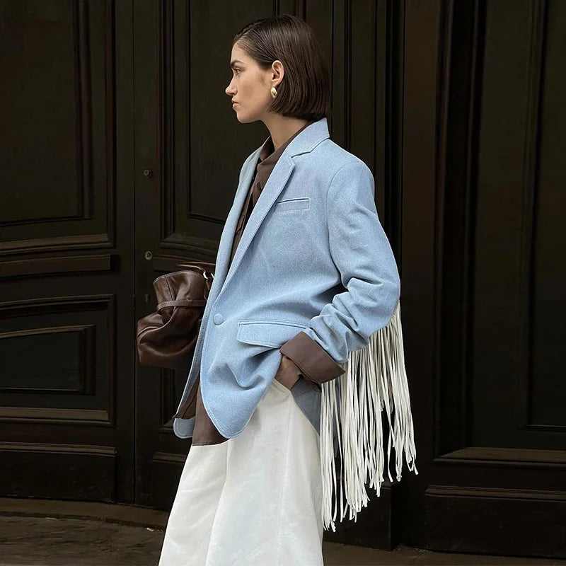 Aiertu  -  Casual Solid Tassels Blazer Coats Women Lapel Long Sleeve Single Button Pockets Jackets 2026 Autumn New Lady Loose Top Outwears Aiertu