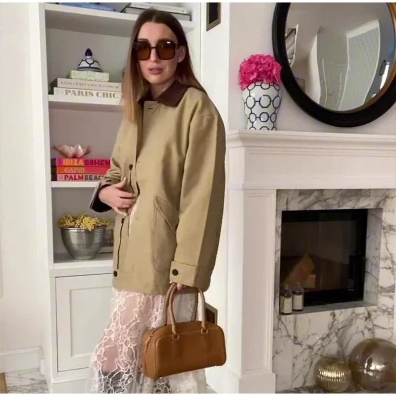 Aiertu     -  Fall Outfits 2026 Casual Patchwork Lapel Jacket Women Loose Contrast Long Sleeve Single Breasted Pockets Coat 2026 Autumn New Lady Fashion Outwear Aiertu