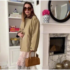 Aiertu     -  Fall Outfits 2026 Casual Patchwork Lapel Jacket Women Loose Contrast Long Sleeve Single Breasted Pockets Coat 2026 Autumn New Lady Fashion Outwear Aiertu