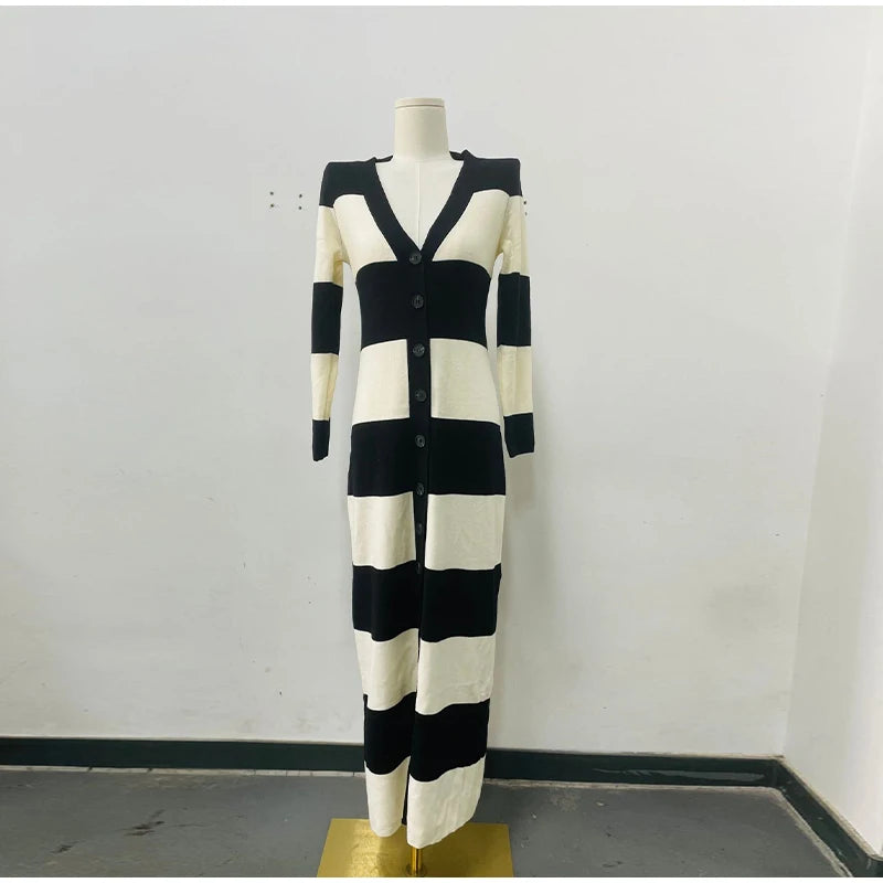 Aiertu  -  Knitted Striped Tube Tops Long Dress Long Jacket Women Set Backless Robe Long Sleeved Single Breasted Jacket Spring Summer Suit Aiertu