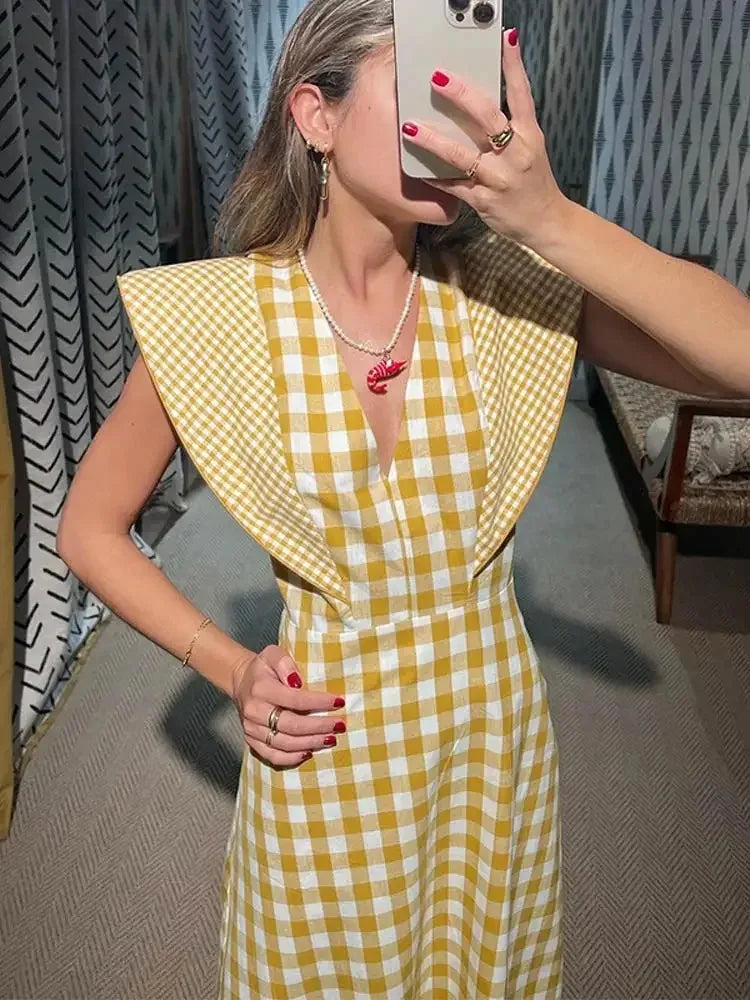 Aiertu  -  Ladies V Neck Plaid Print Maxi Summer Dress Women Fly Sleeve High Waist Big Hem Slim Long Dresses Holiday Vestidos Robe Female Aiertu
