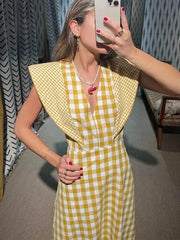 Aiertu  -  Ladies V Neck Plaid Print Maxi Summer Dress Women Fly Sleeve High Waist Big Hem Slim Long Dresses Holiday Vestidos Robe Female Aiertu