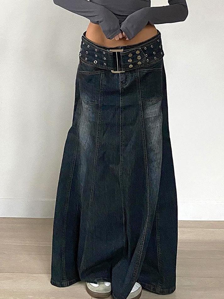 Aiertu  -Vintage Eyelet Belt A-Line Denim Skirt aiertu