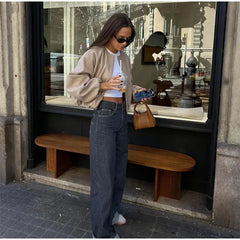 Aiertu  -  Women Fashion Zip O-neck Bomber Cropped Jacket Casual Solid Pockets Long Lantern Sleeve Short Loose Coat 2026 New Lady Outerwear Aiertu