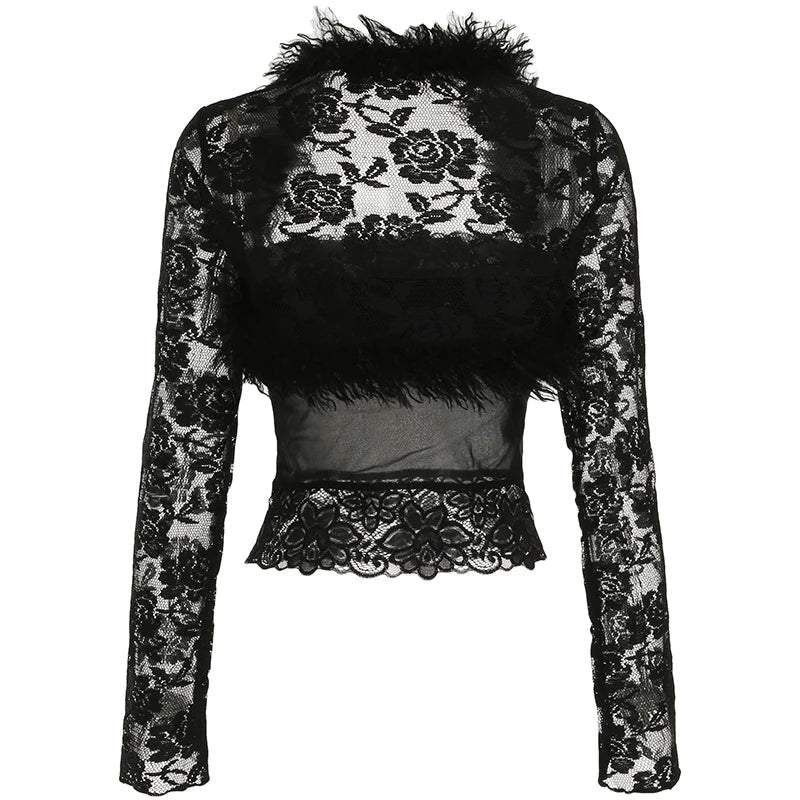 Aiertu  -  party look snspos Y2K Black Lace Patchwork Fur Two Piece Set Transparent Sexy Tube Top and Long Sleeve Smock  Matching Sets Lady Spring Aiertu