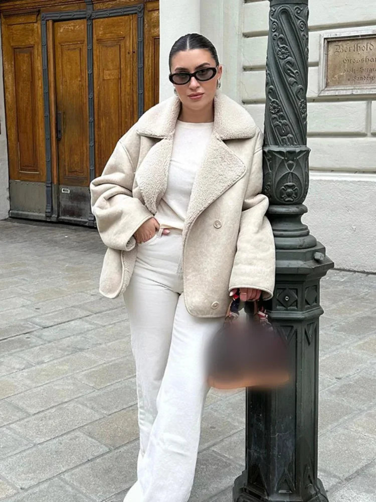 Aiertu  -  Women Fashion Lapel Leather Lamb Wool Jacket Chic Single-breasted Long Sleeves With Pocket Warm Coat 2026 Lady High Streetwear Aiertu