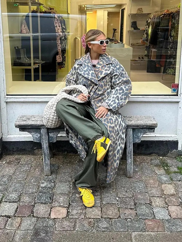 Aiertu  -  Fashion Leopard Printed Single Breasted Long Coats Casual Lapel Full Sleeve Pocket Loose Windbreak Autumn Lady Commute Outwear Aiertu
