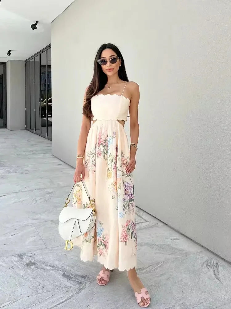 Aiertu  -  Women Flower Print Hollow Waist Sling Maxi Dresses Elegant Sexy Sleeveless Backless A Line Long Dress Fashion Ladies Party Robes Aiertu
