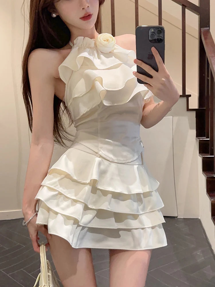 Aiertu  -  Korean Style Retro 2 Piece Sets Women Casual Y2k Crop Top Vest + Mini Cake Skirts Sexy Vintage Fashion Suits Even Party Clothing Aiertu