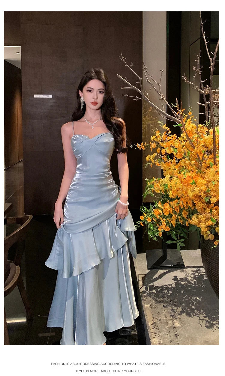 Aiertu  Vintage Long Dress Women Party Prom Sexy Spaghetti Strap Maxi Dresses Elegant Ruffles Robe Summer Korean Bodycon Vestidos Aiertu