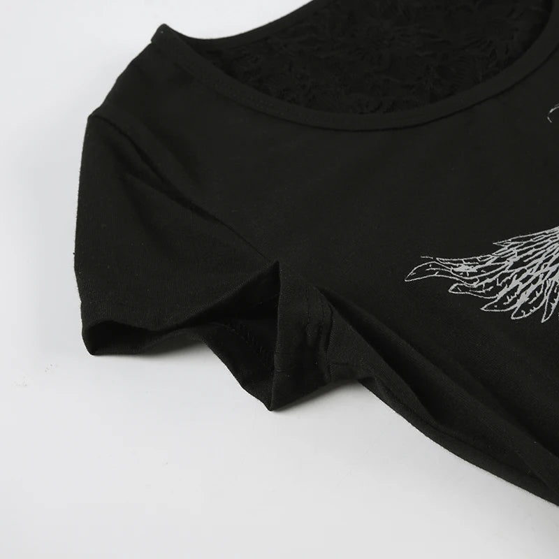 Aiertu  -  Gothic Print Black Short Sleeve T-shirt Women Chic Hollow Out Backless O-neck Tee Shirts Summer Streetwear y2k T Shirts Aiertu