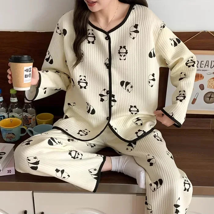 Aiertu  -  Autumn And Winter Air Sandwich Cotton Pajamas Women Cardigan Long Sleeve Trousers New Cartoon Sketch Rabbit Cute Homewear Sets Aiertu