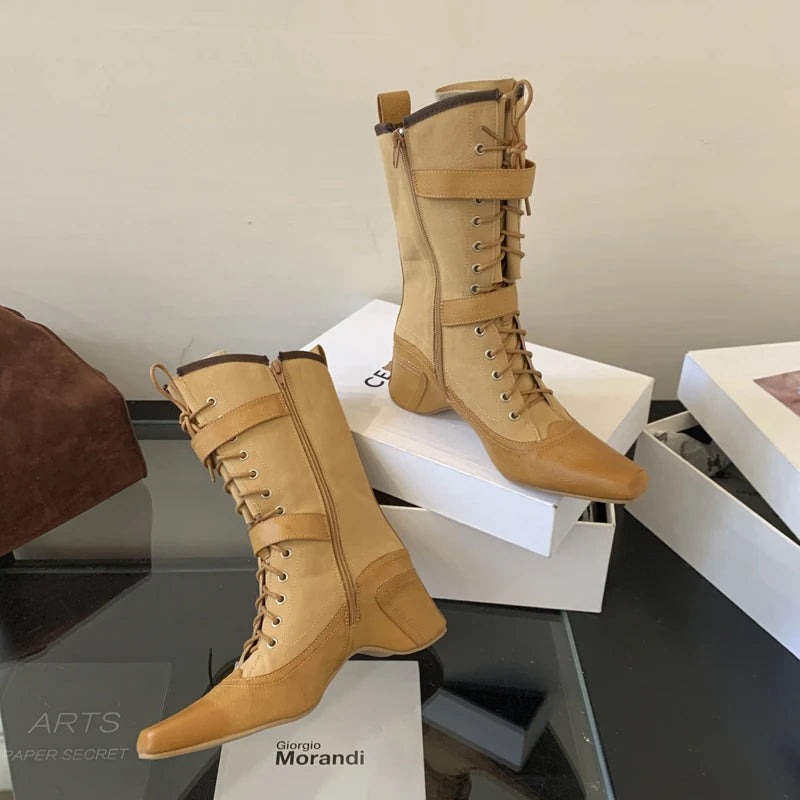 Aiertu    -  Yellow Cowboy Boots Women Lace Up Belt Buckle Block Heels Mid-calf Western Boots Autumn Vintage Designer Shoes Black Botas Mujer Aiertu