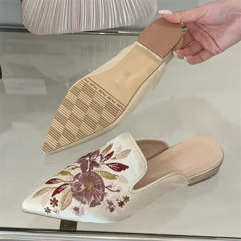 Aiertu  -   Summer Pointed Toe Women Slippers Fashion Vintage Embroidery Square Low Heels Party Dress Mules Shoes Aiertu
