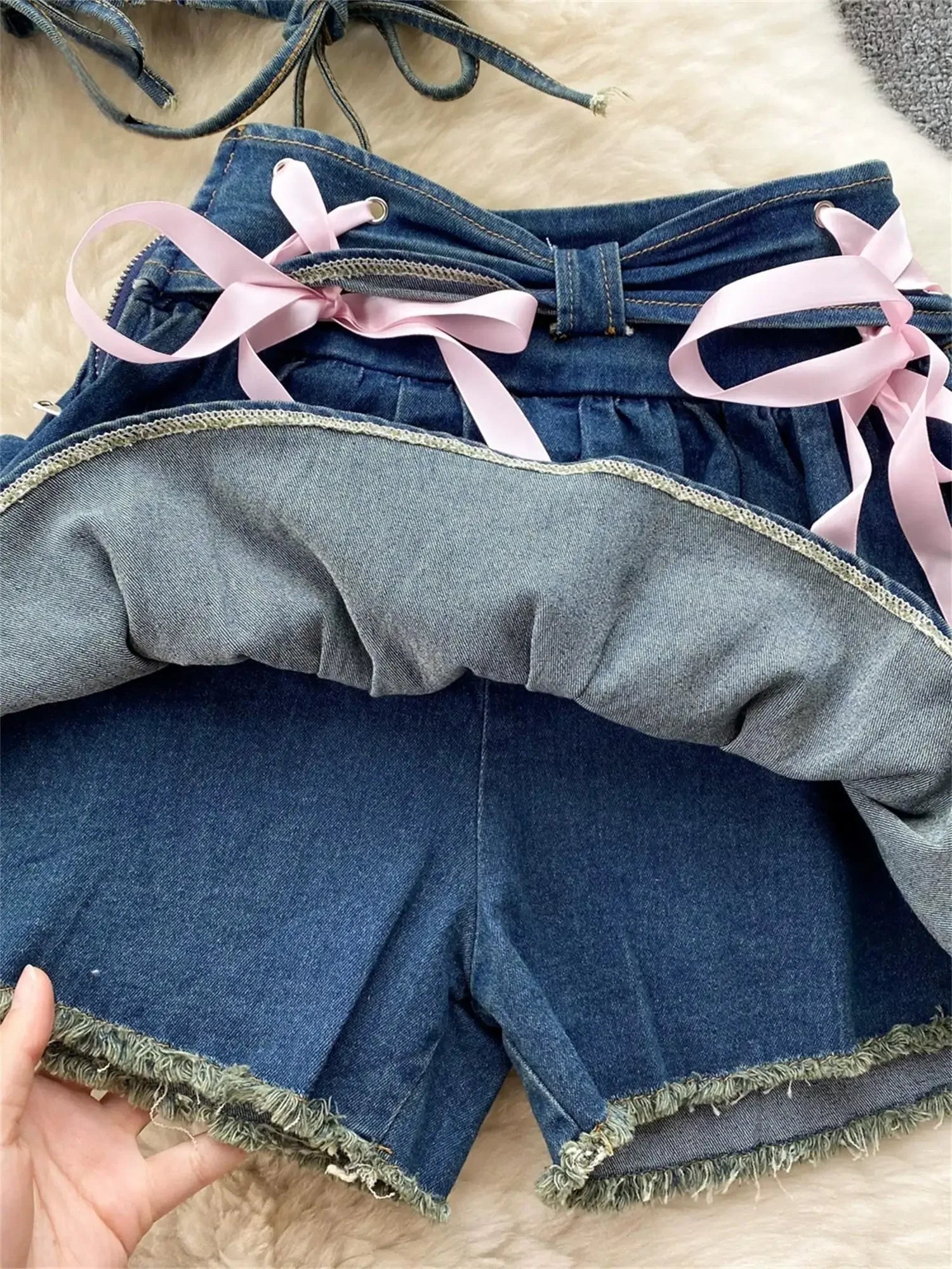Aiertu  -  Y2K Sexy Mini Skirt Denim Tie Cross Bow Bandage Cape+denim Two-piece Zipper Strapless Tube Top Streetwear Set Aiertu