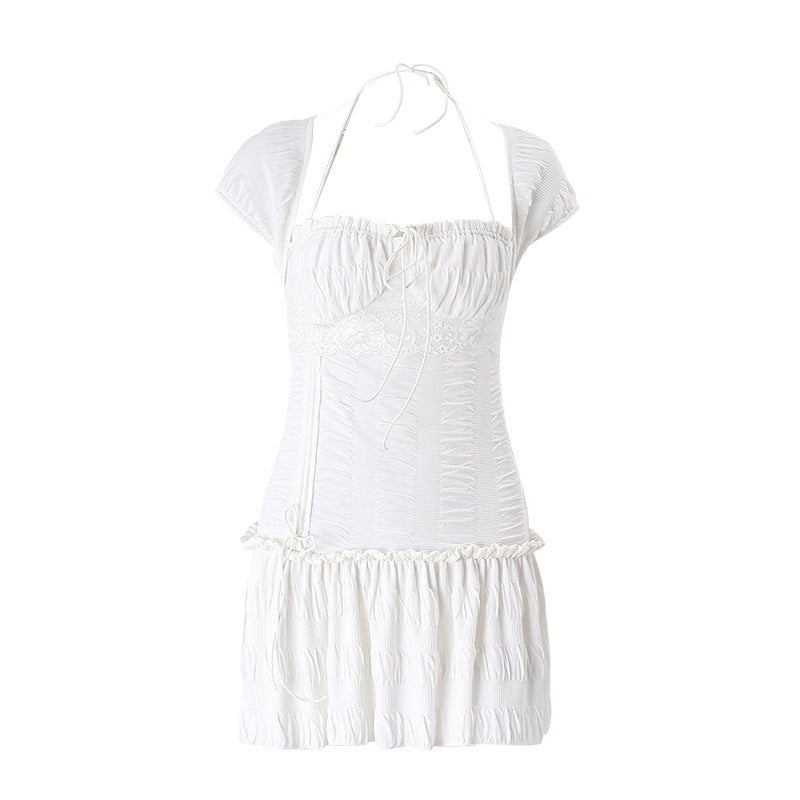 Aiertu - Lace Up Ruffle Halter Mini Dress Aiertu