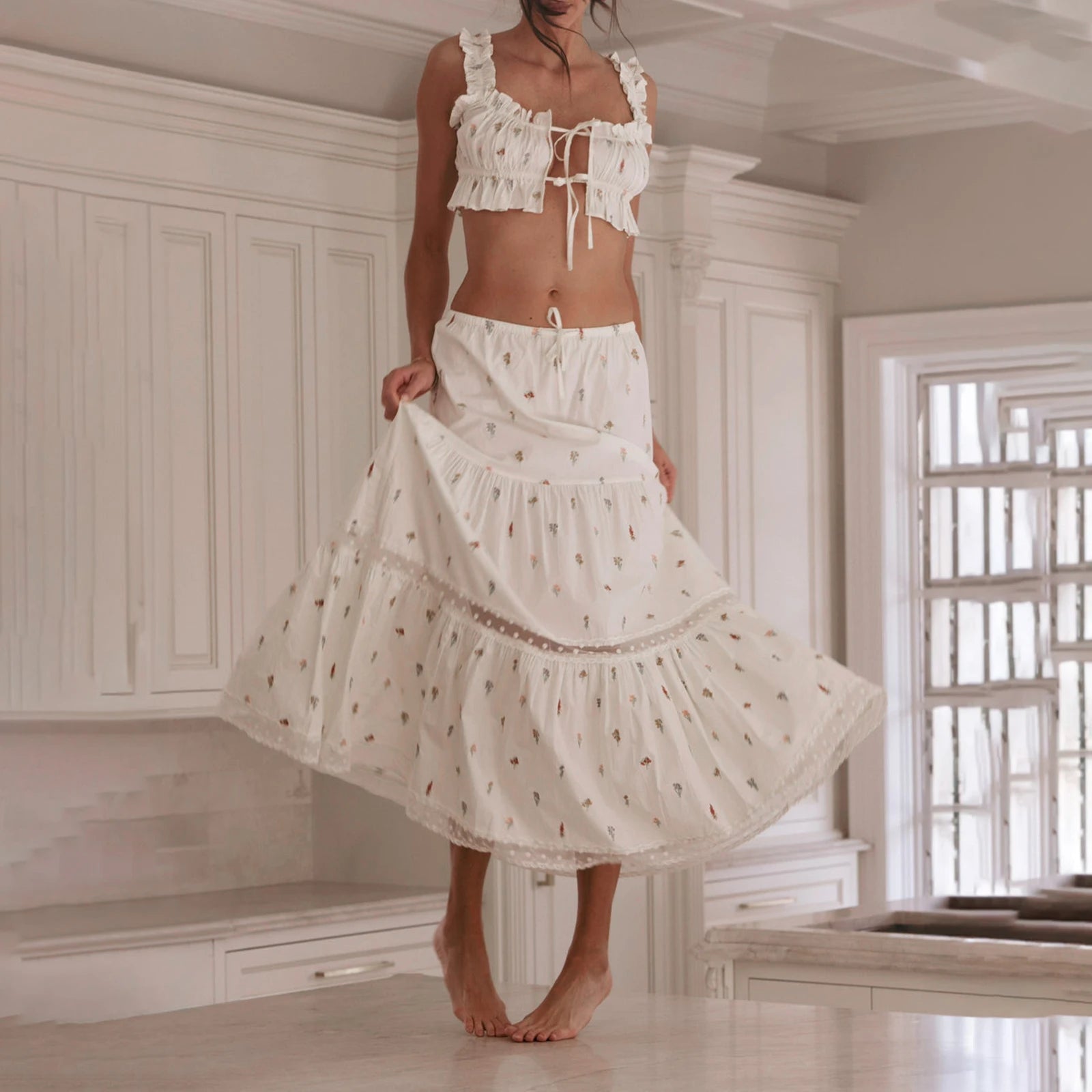 Aiertu  -  Vintage Frill Strap Front Tie Up Crop Tops + Maxi A-line Skirt Elegant Women Chic 2 Piece Set Fairy Y2K Matching Outfits Aiertu
