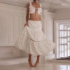Aiertu  -  Vintage Frill Strap Front Tie Up Crop Tops + Maxi A-line Skirt Elegant Women Chic 2 Piece Set Fairy Y2K Matching Outfits Aiertu