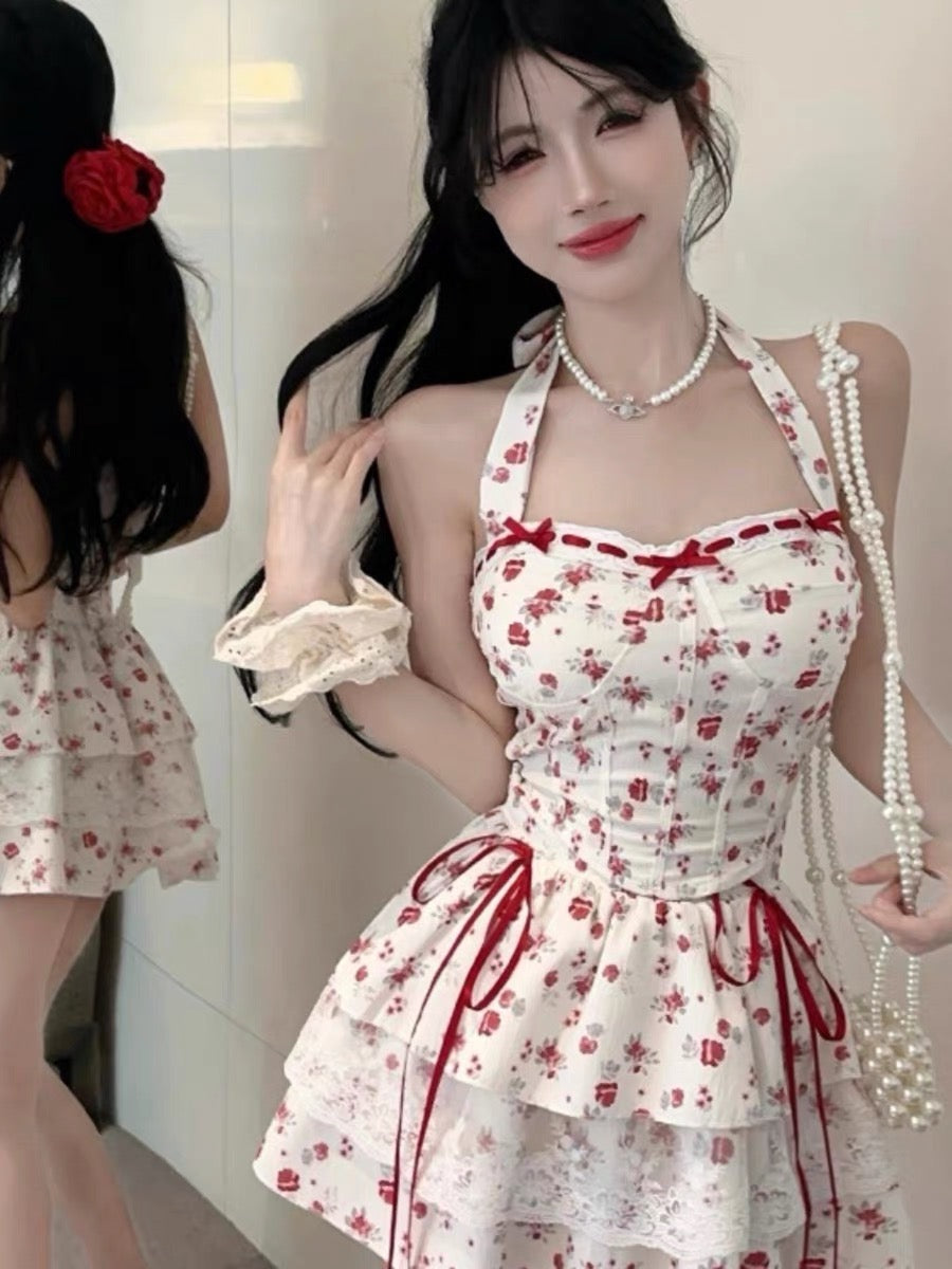 Aiertu  Cherry Bird Red Ribbon Coquette Dress Aiertu
