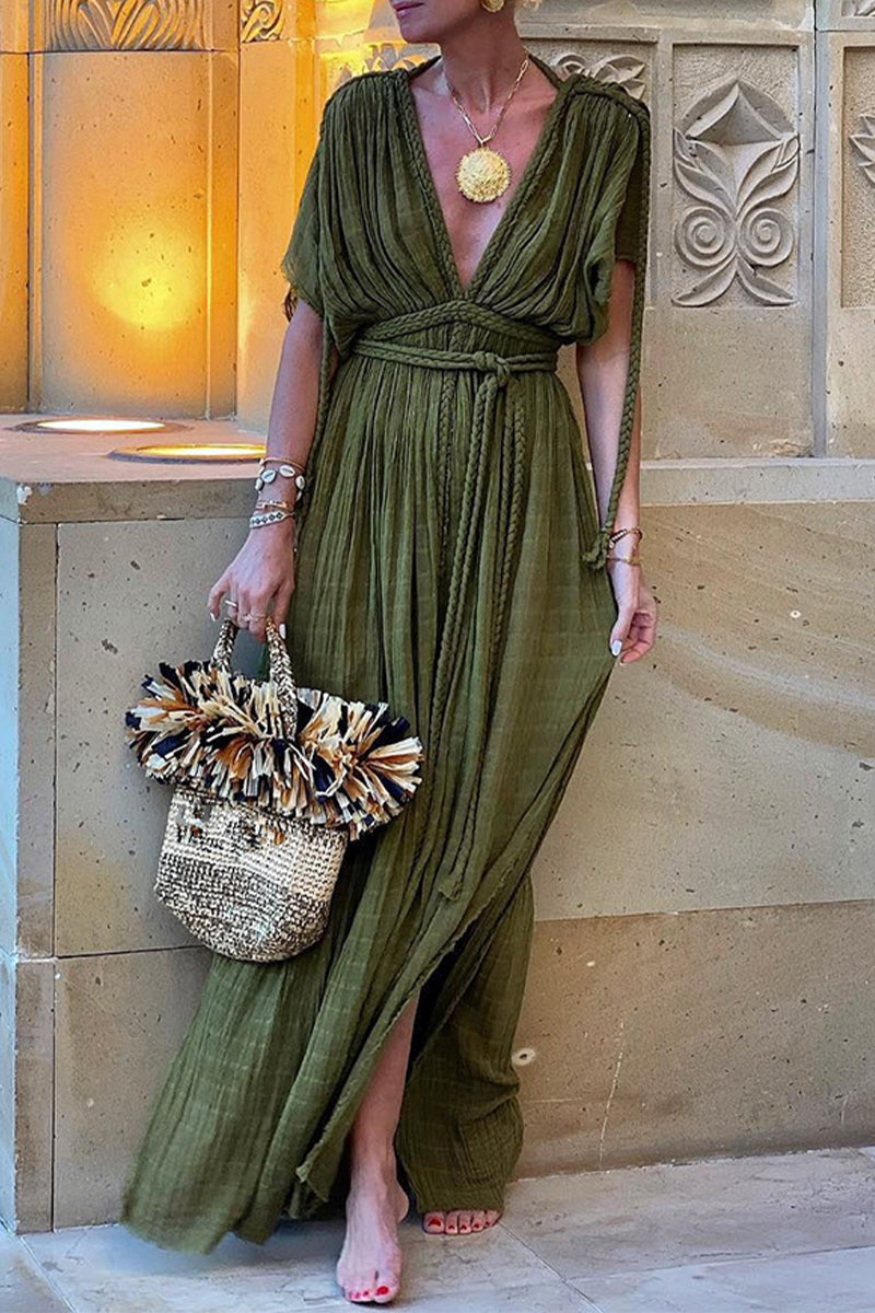 Aiertu  -  Casual Simplicity Solid Bandage Slit V Neck A Line Dresses Aiertu