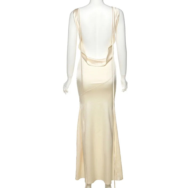 Aiertu  -  Spaghetti Strap Slash Neck Apricot Sleeveless Backless Maxi Hip Dress Elegant Summer Y2K Street Trendsetter Vestidos Aiertu