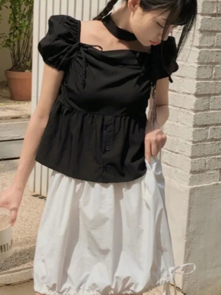 Aiertu  -  Summer Sweet Square Collar Women's Pullover Chiffon Shirt Fashion Folded Lace Bow Versatile Female Slim Fit Fluffy Sleeve Shirt Aiertu