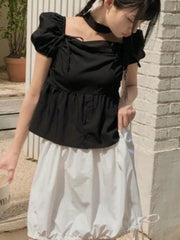 Aiertu  -  Summer Sweet Square Collar Women's Pullover Chiffon Shirt Fashion Folded Lace Bow Versatile Female Slim Fit Fluffy Sleeve Shirt Aiertu