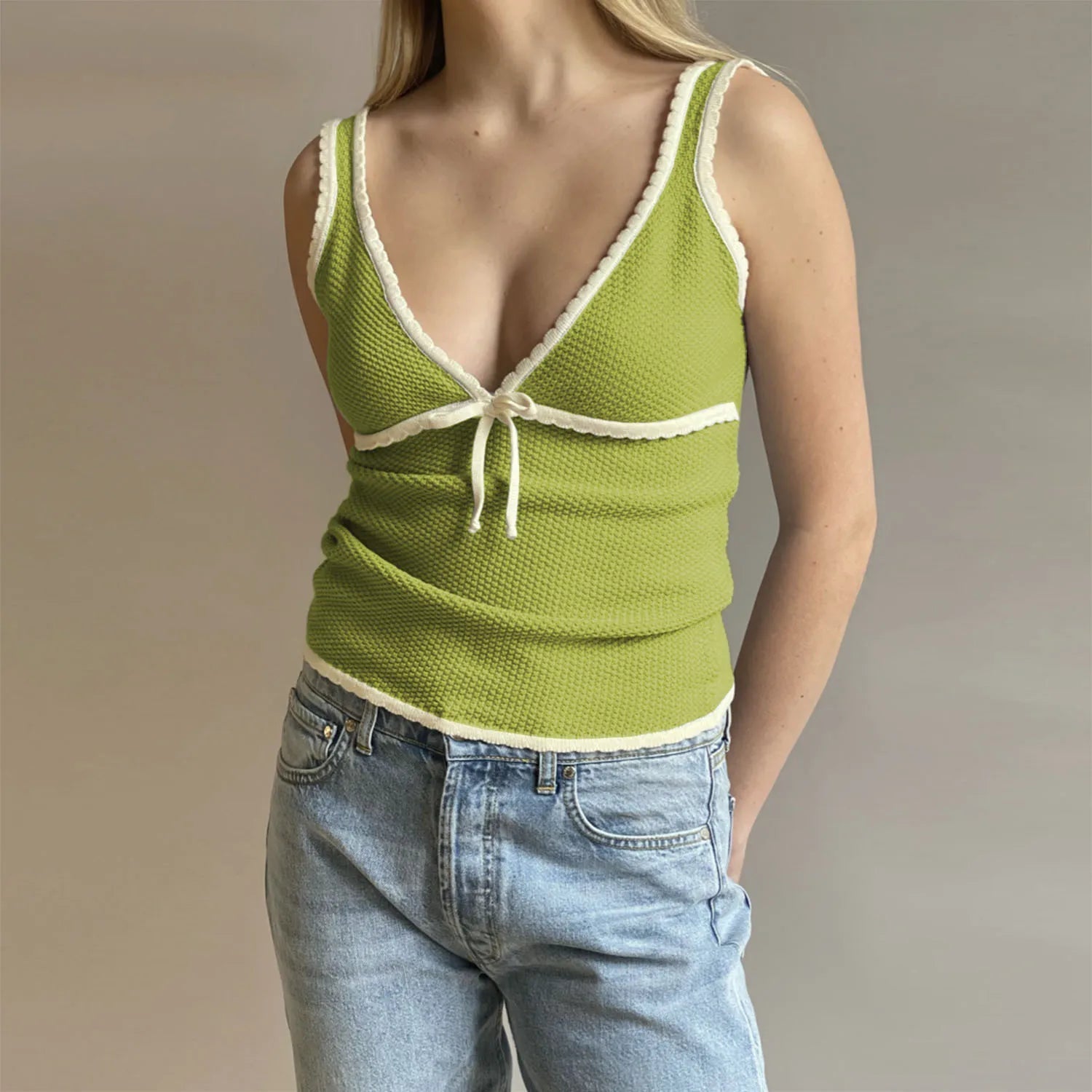 Aiertu  -  Retro Deep V Neck Crop Top Women Y2k Ruffle Vintage Tank Tops Womens Tie Up Bow Knitted Woman Backless Cute Tops 2026 New Aiertu
