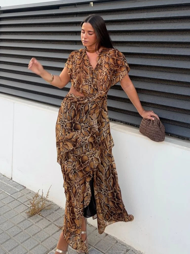 Aiertu  -  Women Fashion Printed Hollow Waist Split Midi Dress Elegant Irregular Ruffle Hem Short Sleeve Dresses 2026 Lady High Street Robe Aiertu