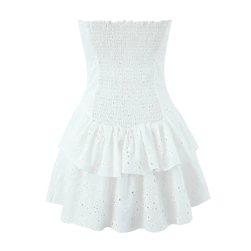 Aiertu  -  Sexy Women Black White Hollow Out Embroidery Strapless Dress Summer Cotton Fit And Flare Party Mini Robe Aiertu