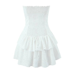 Aiertu  -  Sexy Women Black White Hollow Out Embroidery Strapless Dress Summer Cotton Fit And Flare Party Mini Robe Aiertu