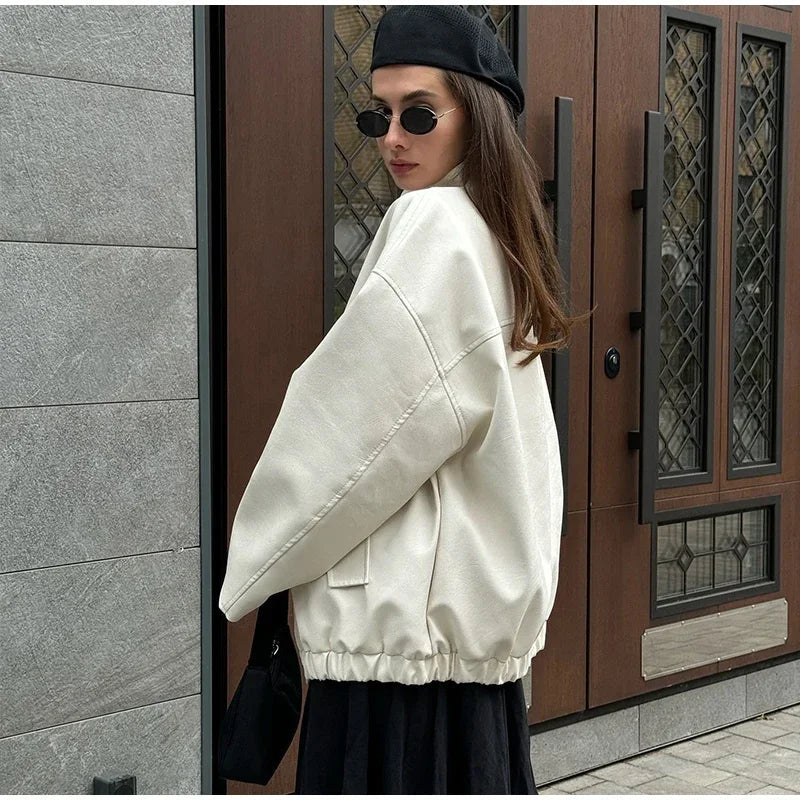 Aiertu  -  Street Women's White Leather Jacket Casual Stand Collar Single Breasted Long Sleeve Female Coat Autumn Lady Elegant Outwear Aiertu