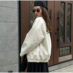 Aiertu  -  Street Women's White Leather Jacket Casual Stand Collar Single Breasted Long Sleeve Female Coat Autumn Lady Elegant Outwear Aiertu