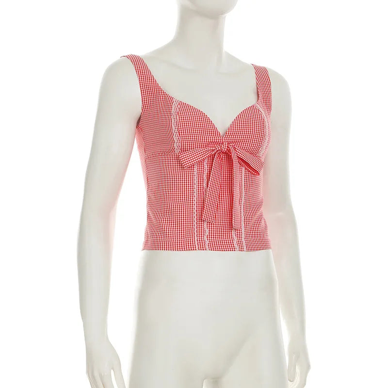 Aiertu  -  Girl Sweet Bow Splicing Plaid Contrast Color Lace Splicing Low Neck Sleeveless Small Vest New Aiertu
