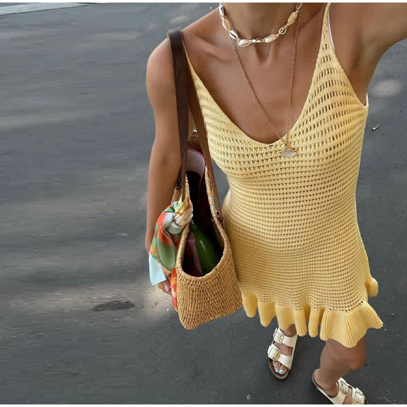 Aiertu  -  Casual Knit Hollow Out Dress Women V-neck Sling Sleeveless Backless Ruffle Hem Mini Dresses Female 2025 Spring Summer Lady Gown Aiertu