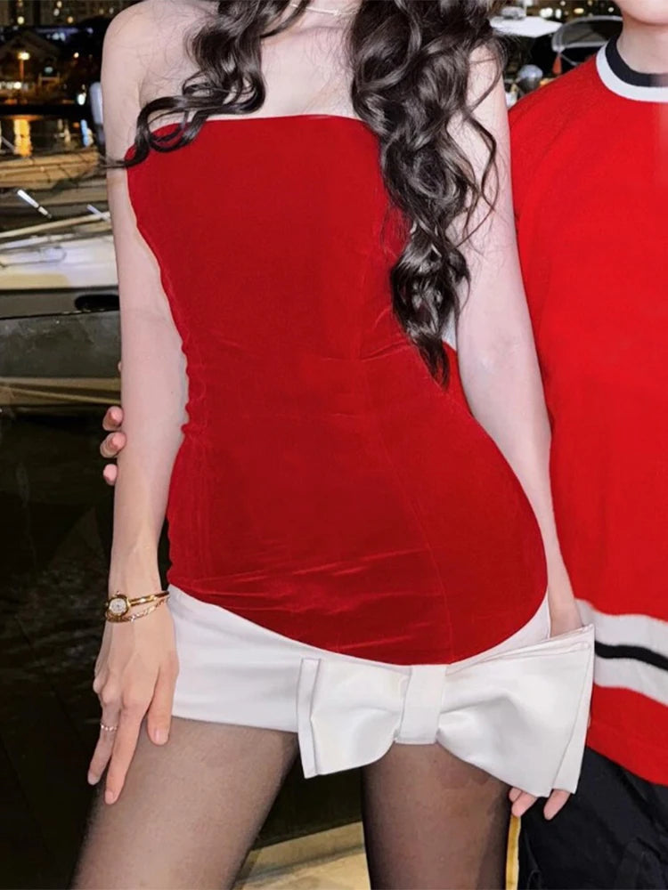Aiertu  -  Women's Christmas Red Bow Dress Vintage Sleeveless Off Shoulder Mini Dresses Y2k Elegant One Piece Frocks 2000s Coquette Clothes Aiertu