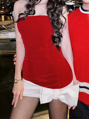 Aiertu  -  Women's Christmas Red Bow Dress Vintage Sleeveless Off Shoulder Mini Dresses Y2k Elegant One Piece Frocks 2000s Coquette Clothes Aiertu