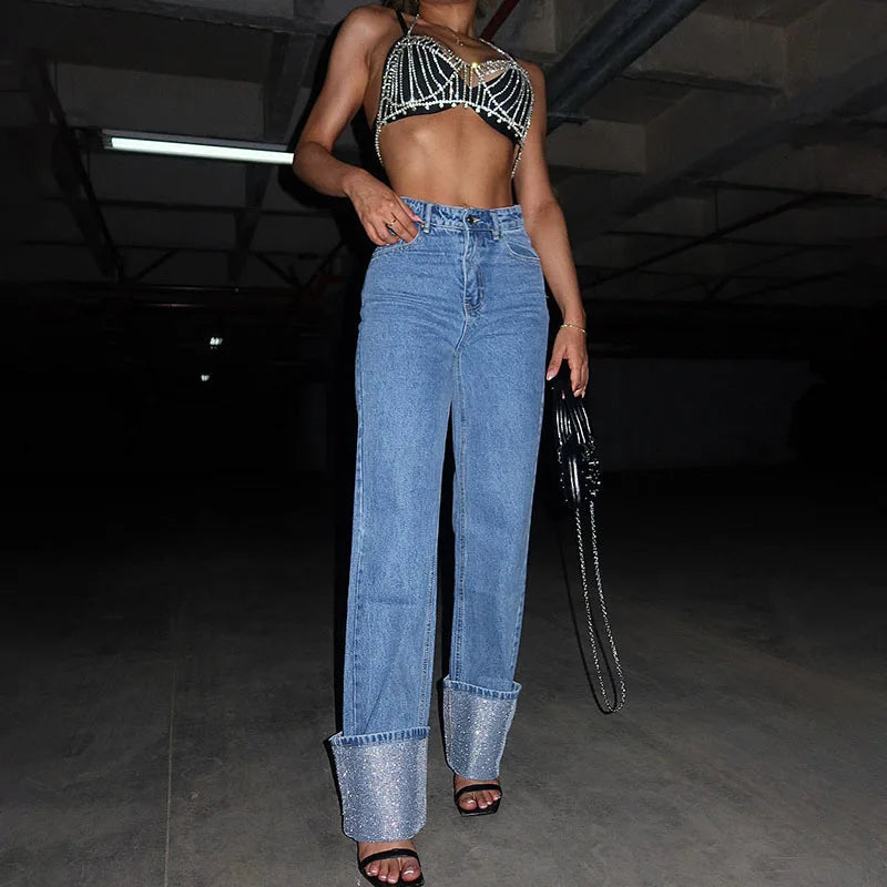 Aiertu  Chic Women Patchwork Cuffed Jeans Y2K High Waist Flanged Hot Drilling Straight Jean Pants 2025 New Casual Denim Pants Streetwear Aiertu