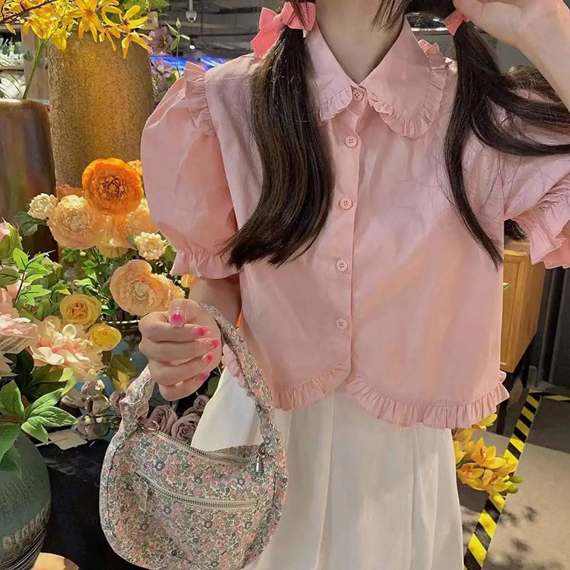 Aiertu Sweet Cute White Shirt Women Pink Ruffles Puff Sleeve Blouse Student Summer Kawaii Preppy Japanese Loose Casual Crop Tops Aiertu