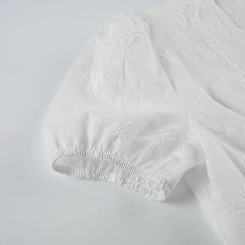 Aiertu  -  Y2K Bow Textured Waist Cinching Shirts Women Summer Puff Sleeve V-Neck Cardigan Tops Cutecore Button-Fly Girls Blouse Aiertu