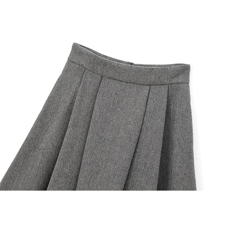 Aiertu  -  Office Lady Elegant Midi Skirt For Women Mid Waist Box Pleat A-line Autumn Winter Skirts Gray faldas mujer Aiertu