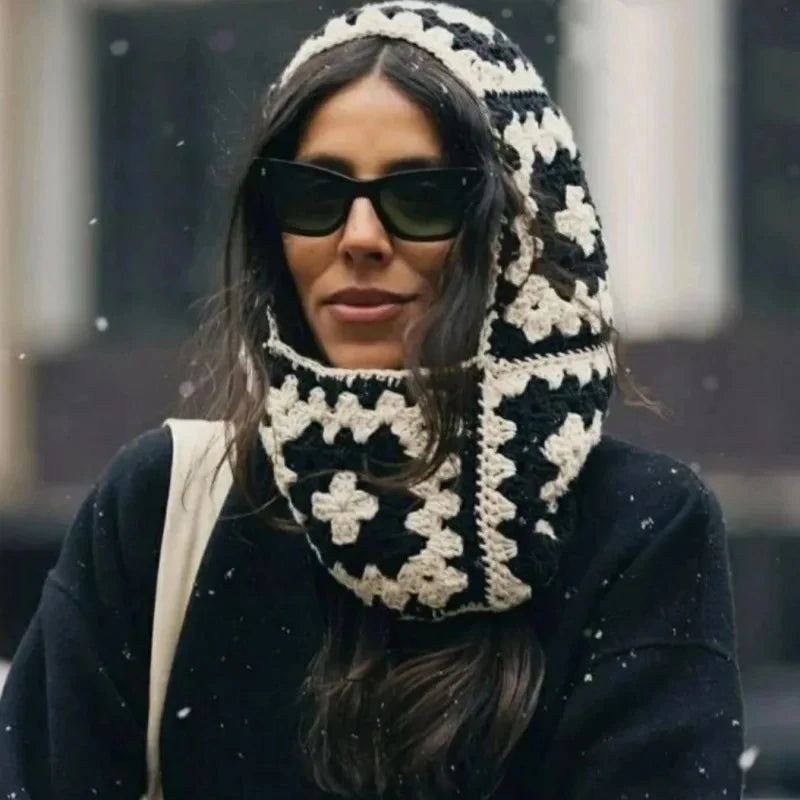 Aiertu  -  Women Knitted Balaclava Cap Winter Woolen Beanie Hats Handmade Crochet Floral Hat Girl Fashion Bonnet Neck Ear Warmer Hooded Hat Aiertu