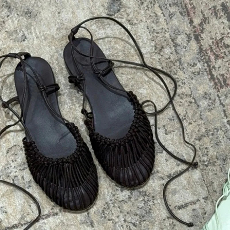 Aiertu  -  Summer Low Heels Roma Sandals Fashion Outdoor Woven Hollow Women Sandals Casual Lace-up Round Head Sandals Aiertu