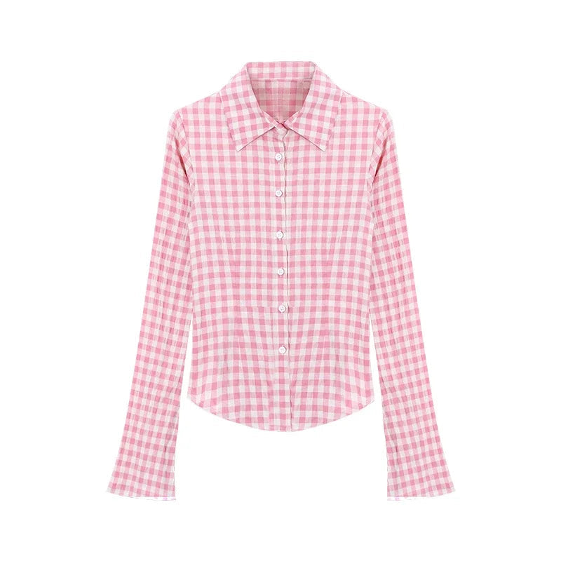 Aiertu  -  Y2k Pink Plaid Women Shirts Check Graphic Long Sleeve Blouses Female Spring Autumn Sexy Slim Button Up Cardigan Chic Ins Aiertu