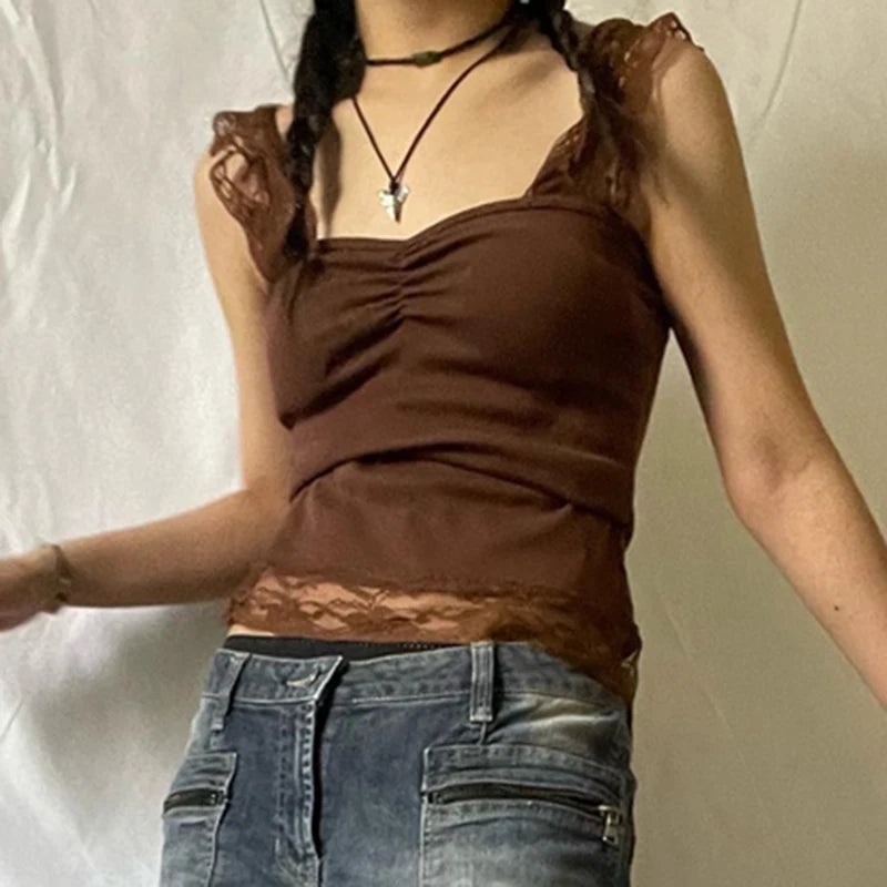 Aiertu  Vintage Brown Crop Tops Lace Patchwork Sleeveless Shirt Vest Summer Open Back Slim Fit Tank Tops Women Fairy Grunge Y2k Camis Aiertu